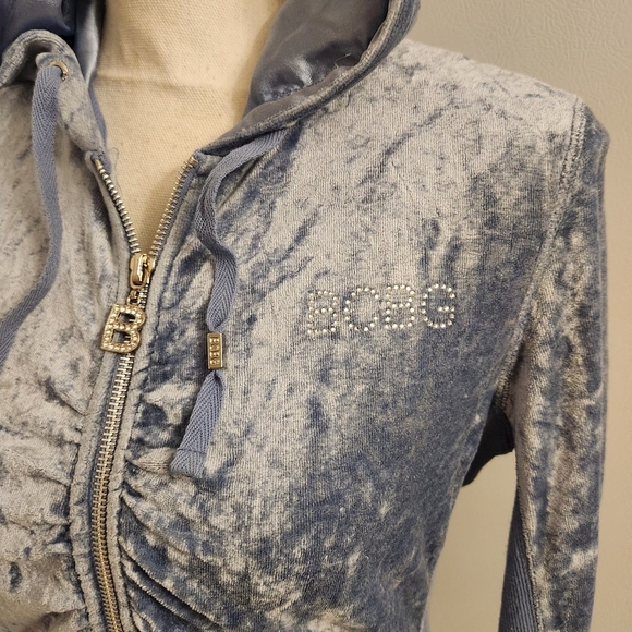 Vintage 90s Y2K BCBGMaxazria Rhinestone Velour Zip Up Hooded Track Jacket Blue - Picture 3 of 16